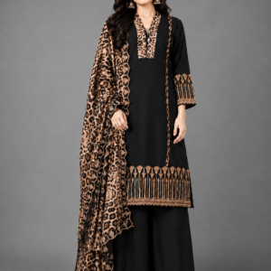 Boat Neck Black Printed Kurta Set with Palazzo & Dupatta