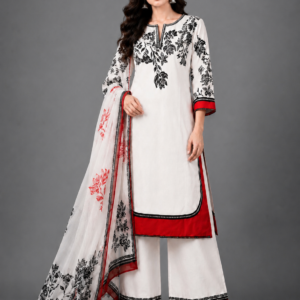 Boat Neck Floral Printed Kurta Set with Palazzo & Dupatta
